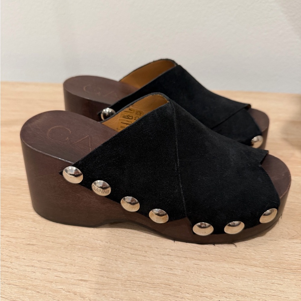 Ganni Black Suede Studded Wooden Clog Mules